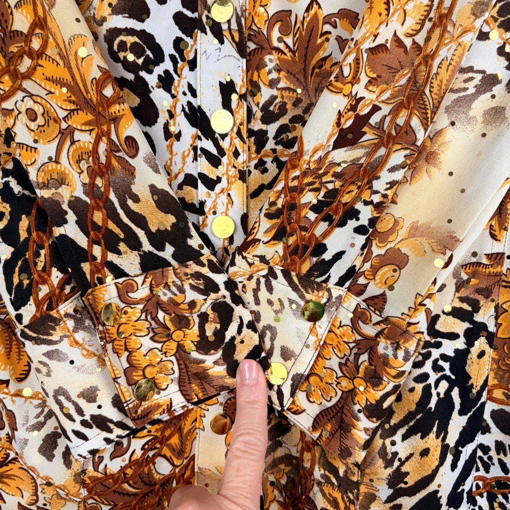 Cache Button Up Shirt Size Medium Gold Brown Leopard Chain Sequin Baroque - Picture 3 of 11